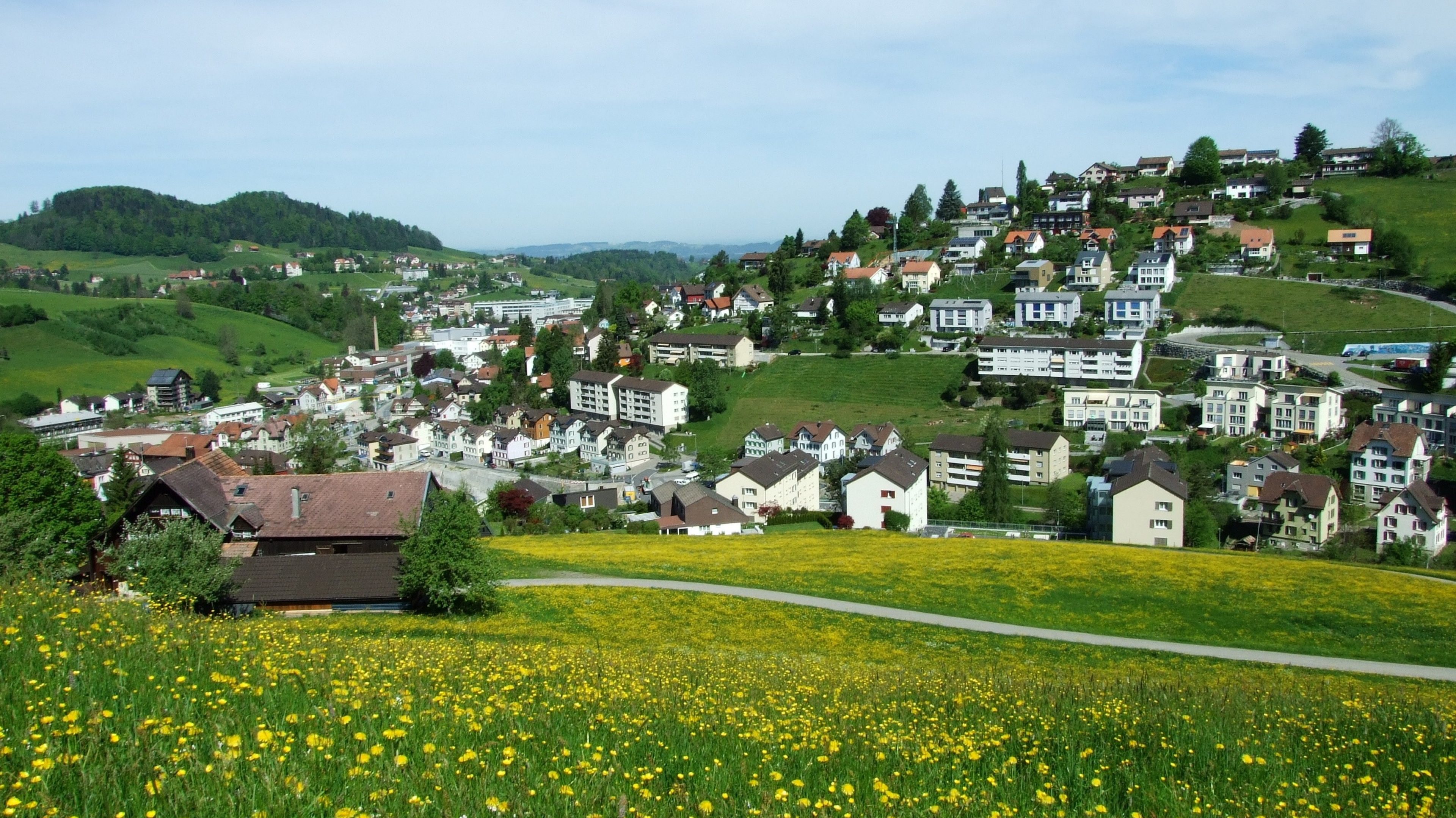 Pastures and hills of Herisau (Canton Appenzell Ausserrhoden, Switzerland)