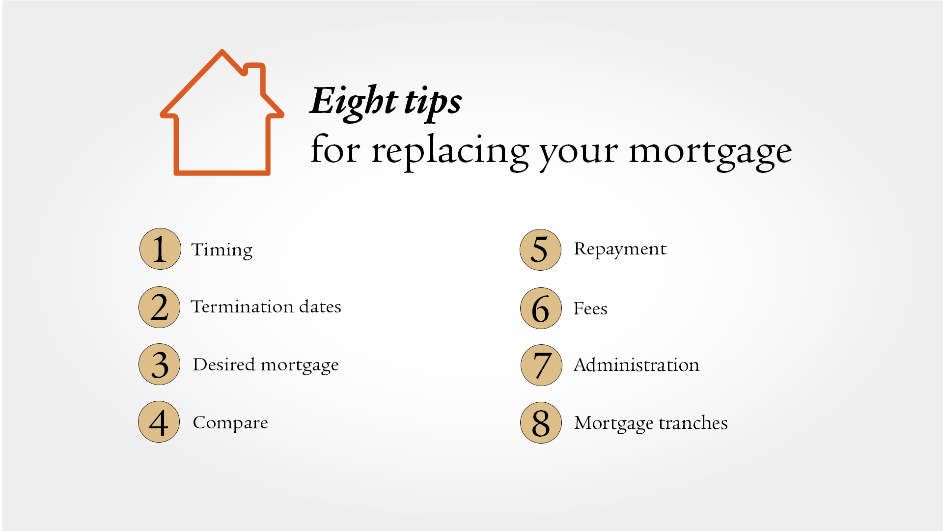A graphic shows eight tips which you should consider when replacing your mortgage