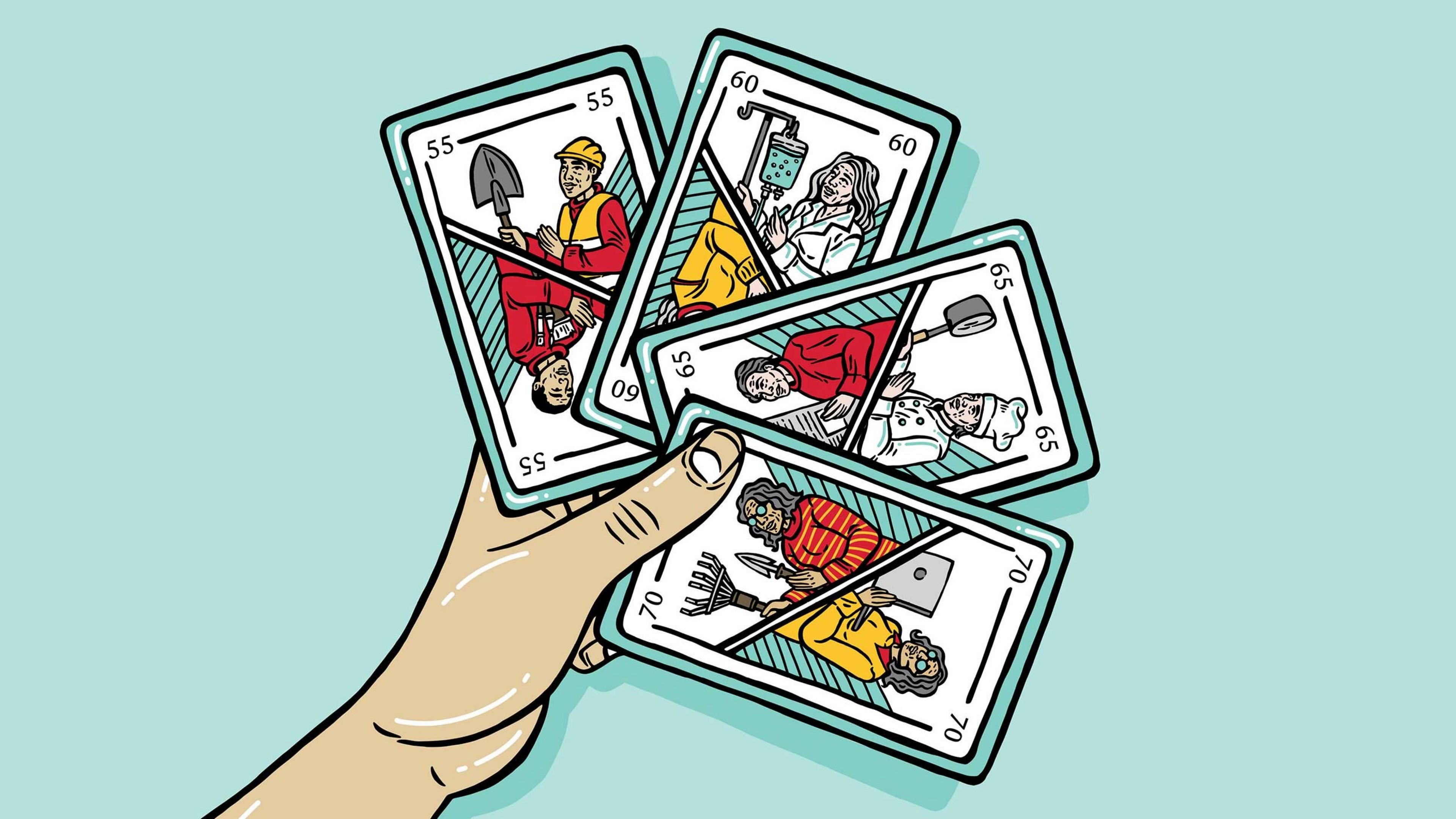 Illustrazione di una mano che tiene quattro carte di carte da gioco 