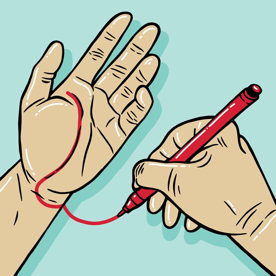 Illustrazione di una mano con la linea della vita tracciata in rosso